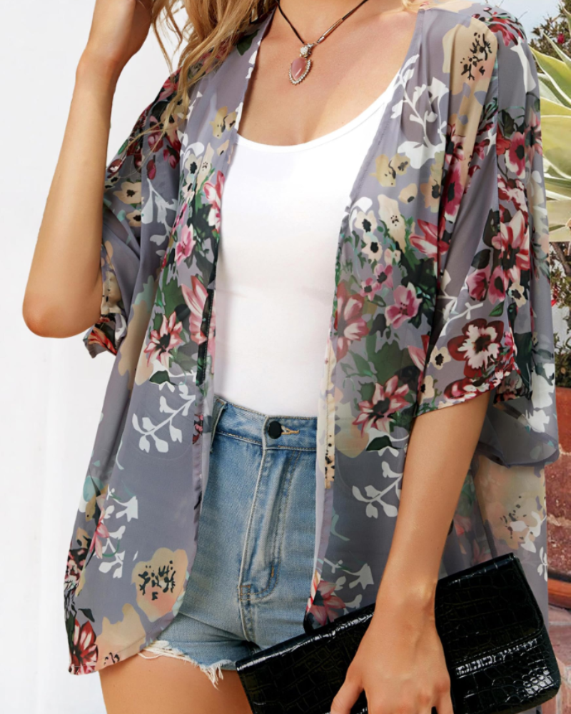 Lily Women’s Chiffon Kimono Cardigan – Floral Open Front Beach Cover Up