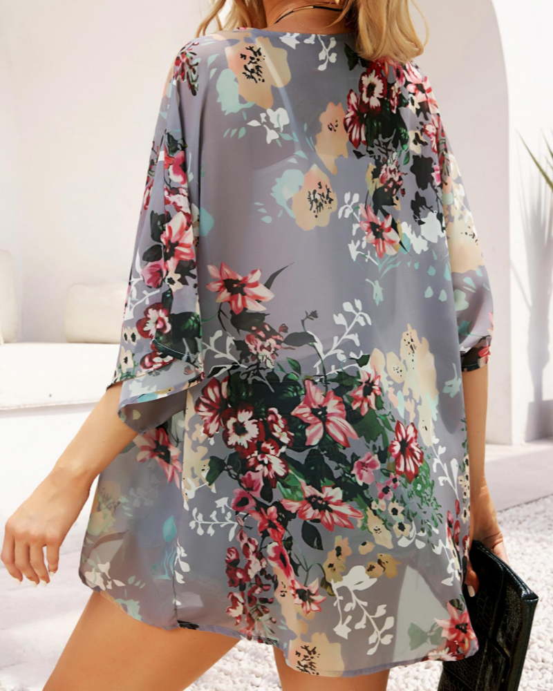 Lily Women’s Chiffon Kimono Cardigan – Floral Open Front Beach Cover Up