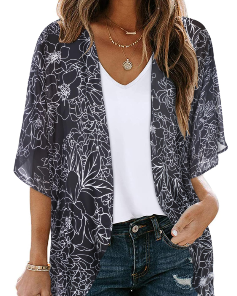 Lily Women’s Chiffon Kimono Cardigan – Floral Open Front Beach Cover Up