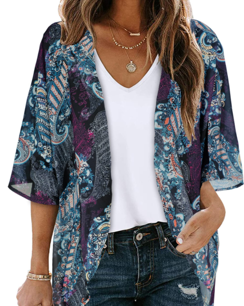 Lily Women’s Chiffon Kimono Cardigan – Floral Open Front Beach Cover Up