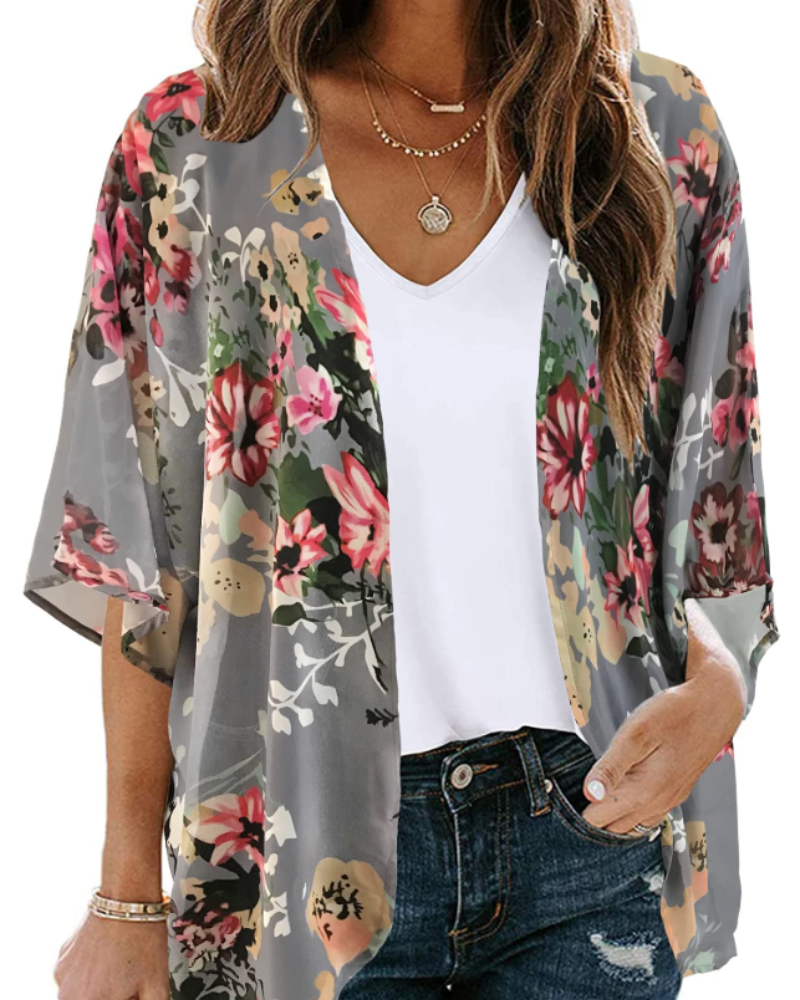 Lily Women’s Chiffon Kimono Cardigan – Floral Open Front Beach Cover Up