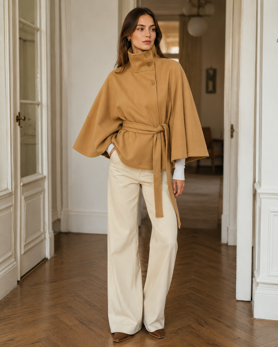 Charlotte Women's Cape Coat – Belted High Collar Elegant Winter Overcoat