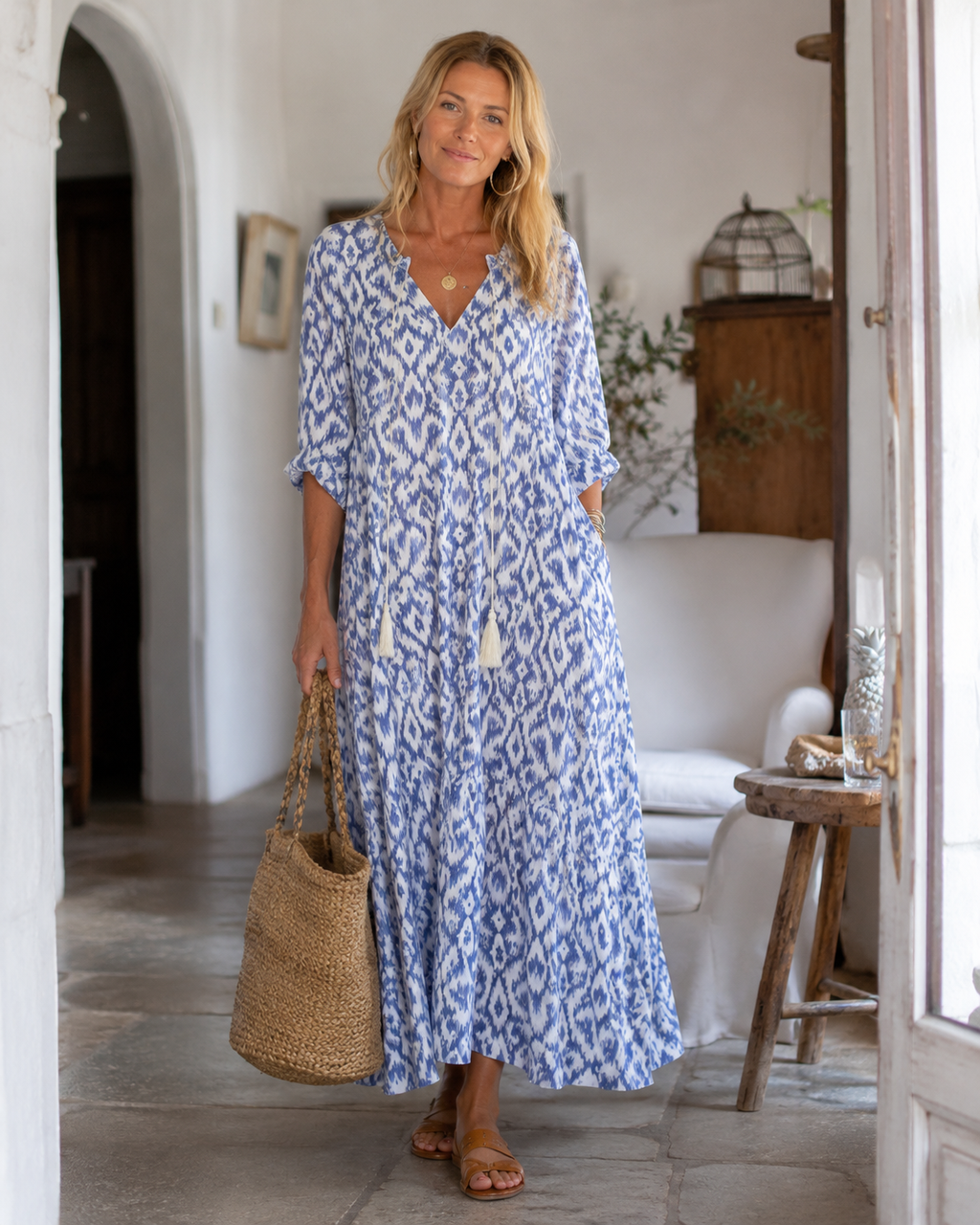 Charm Women's Boho Dress – V-Neck Ruffle Ikat Print Summer Dress