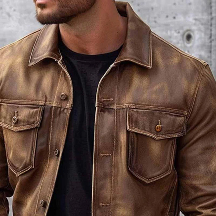 Pierre Men's Vintage Leather Jacket – Classic Collar One-Button Dress Coat
