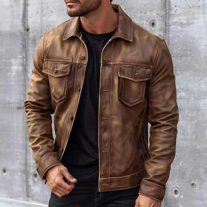 Pierre Men's Vintage Leather Jacket – Classic Collar One-Button Dress Coat
