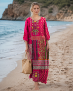Daniella Women's Boho Maxi Dress – Red Ethnic Print Cotton Summer Dress