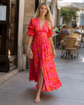 Dorothy Women's V-Neck Dress – Pink Puff Sleeve Flowy Summer Dress