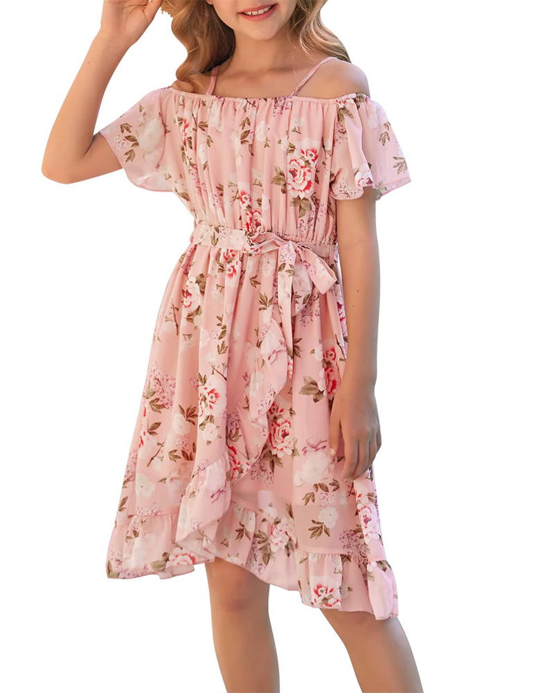 Ivy Girls' Floral Chiffon Dress – Adjustable Strap Knee-Length Dress with Waist Tie