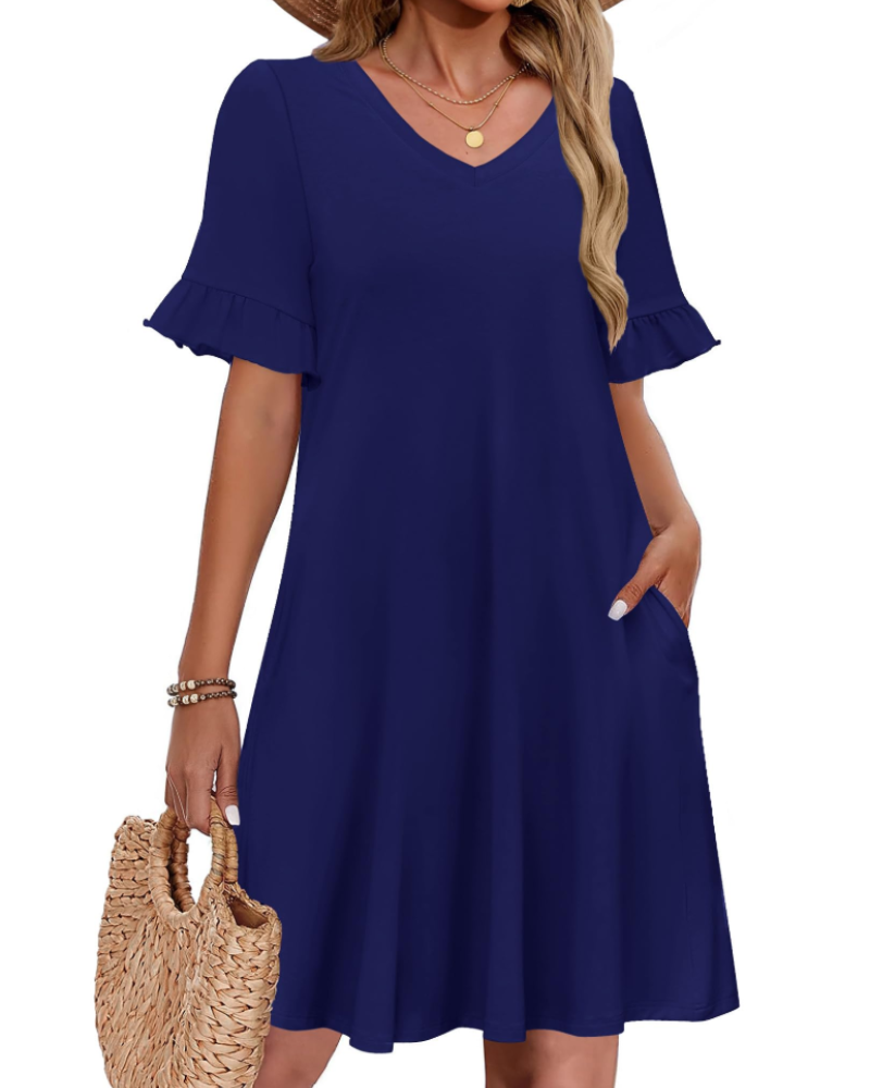 Freya Women’s A-Line Summer Dress – V-Neck Ruffle Sleeve Tunic Dress with Pockets