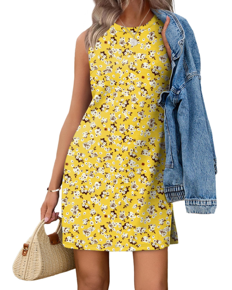Natalie Women’s Boho Dress – Crew Neck A-Line Knee Length Casual Swing Dress