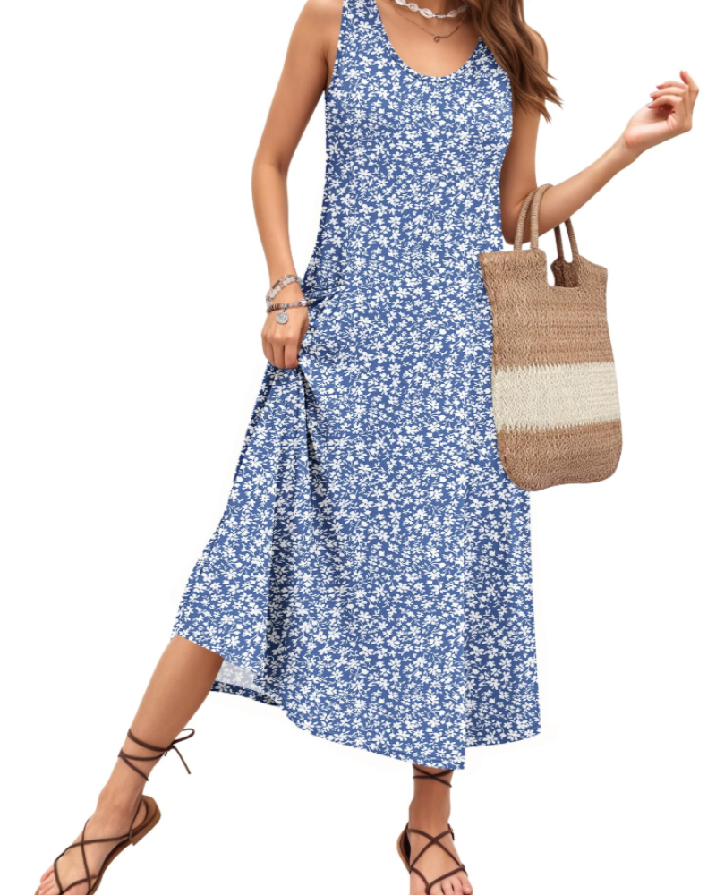 Naomi Women’s Sleeveless Maxi Dress – U-Neck A-Line Summer Dress with Pockets