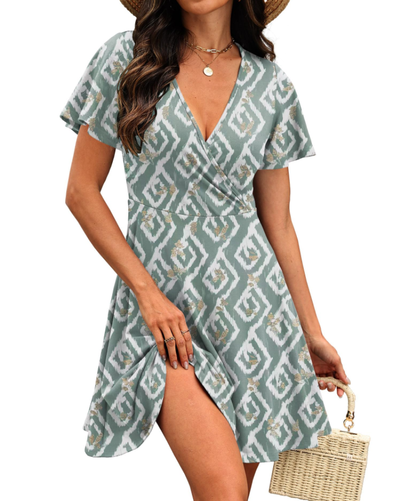 Isabelle Women’s Wrap V-Neck Dress – Ruffle Sleeve A-Line Summer Dress