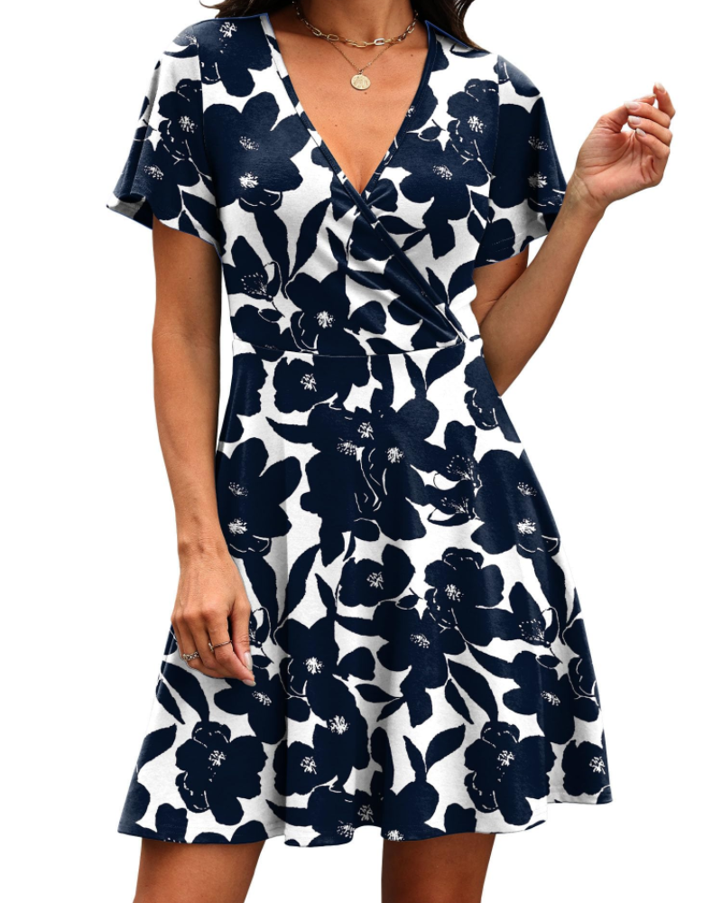 Isabelle Women’s Wrap V-Neck Dress – Ruffle Sleeve A-Line Summer Dress