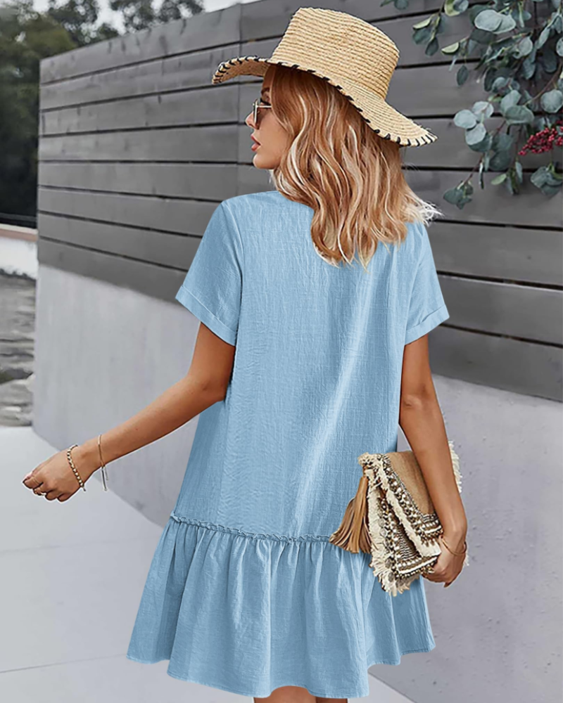 Daisy Women’s Linen Dress – V-Neck Button Down Summer Dress with Pocket