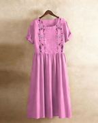 Eliana Women’s Embroidered Midi Dress – Cotton Linen A-Line Dress with Pockets