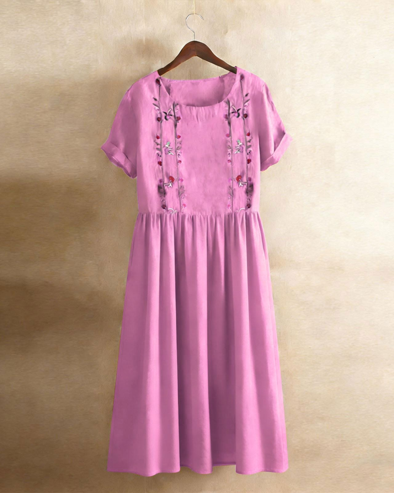 Eliana Women’s Embroidered Midi Dress – Cotton Linen A-Line Dress with Pockets