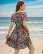 Lillian Women’s Boho Midi Dress – V-Neck Tassel Short Sleeve A-Line Dress