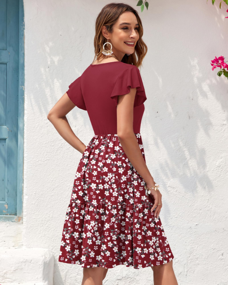 Mila Women’s V-Neck A-Line Dress – Ruffle Sleeve Fit & Flare Dress with Pockets