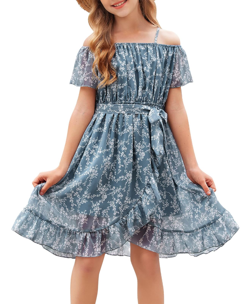 Ivy Girls' Floral Chiffon Dress – Adjustable Strap Knee-Length Dress with Waist Tie