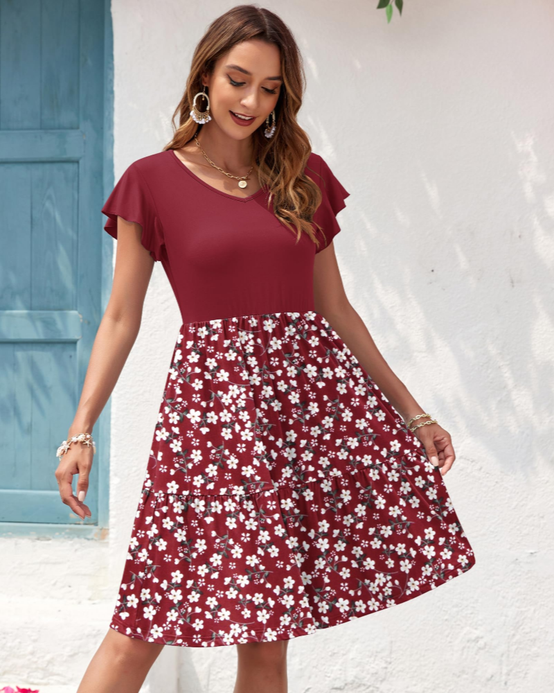 Mila Women’s V-Neck A-Line Dress – Ruffle Sleeve Fit & Flare Dress with Pockets
