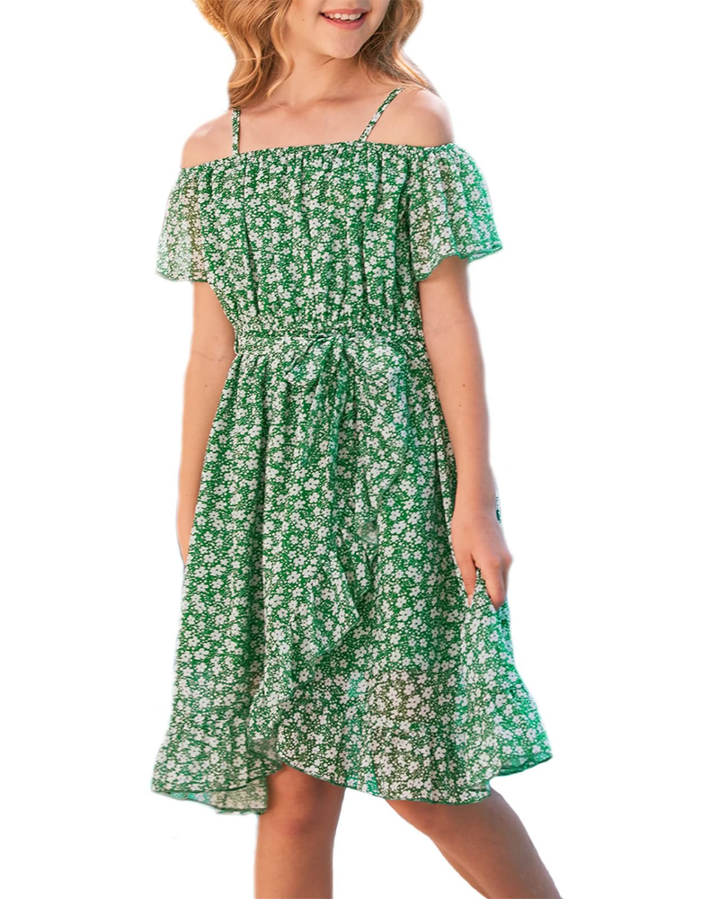 Ivy Girls' Floral Chiffon Dress – Adjustable Strap Knee-Length Dress with Waist Tie