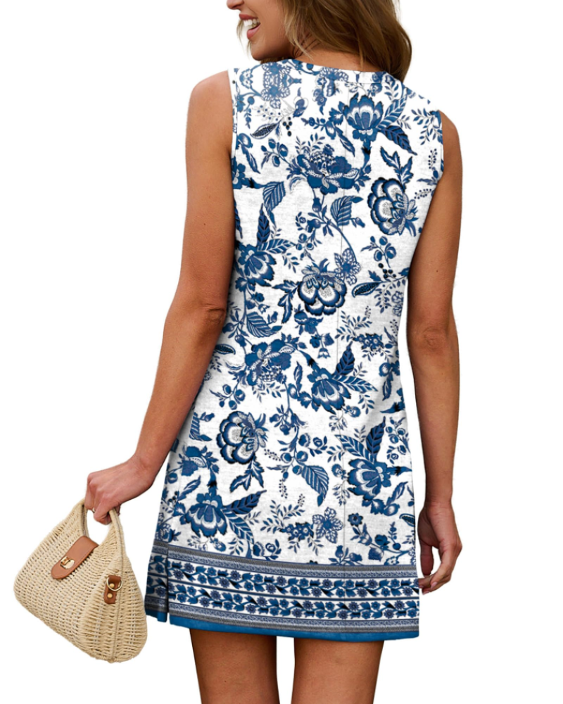 Natalie Women’s Boho Dress – Crew Neck A-Line Knee Length Casual Swing Dress