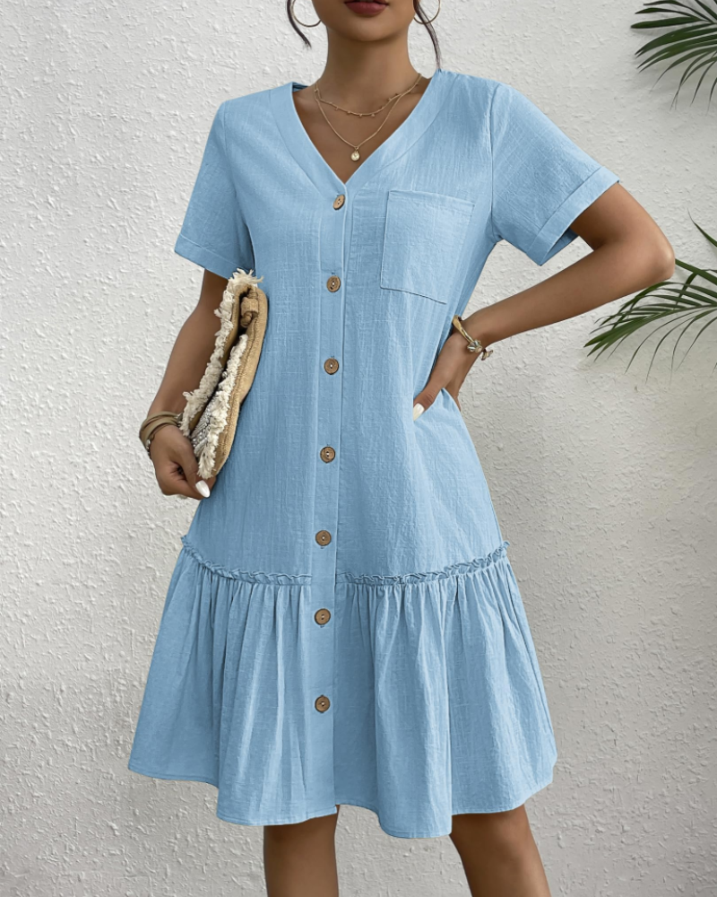 Daisy Women’s Linen Dress – V-Neck Button Down Summer Dress with Pocket