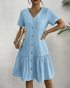 Daisy Women’s Linen Dress – V-Neck Button Down Summer Dress with Pocket