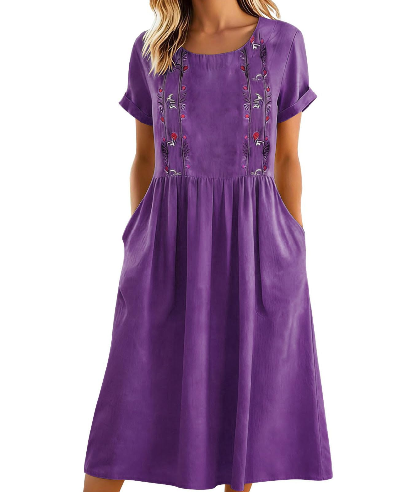 Eliana Women’s Embroidered Midi Dress – Cotton Linen A-Line Dress with Pockets