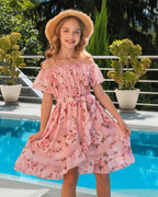 Ivy Girls' Floral Chiffon Dress – Adjustable Strap Knee-Length Dress with Waist Tie