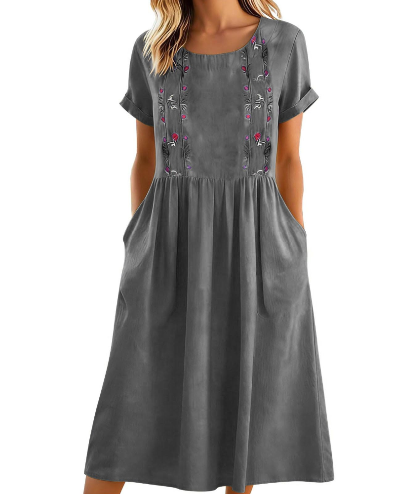 Eliana Women’s Embroidered Midi Dress – Cotton Linen A-Line Dress with Pockets