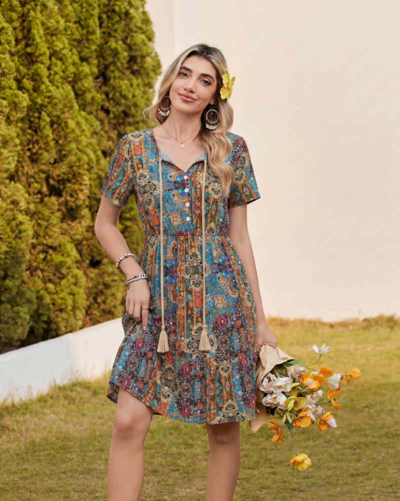 Lillian Women’s Boho Midi Dress – V-Neck Tassel Short Sleeve A-Line Dress