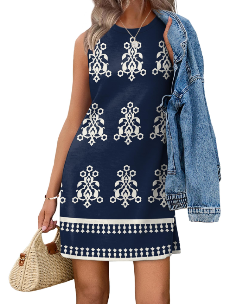 Natalie Women’s Boho Dress – Crew Neck A-Line Knee Length Casual Swing Dress