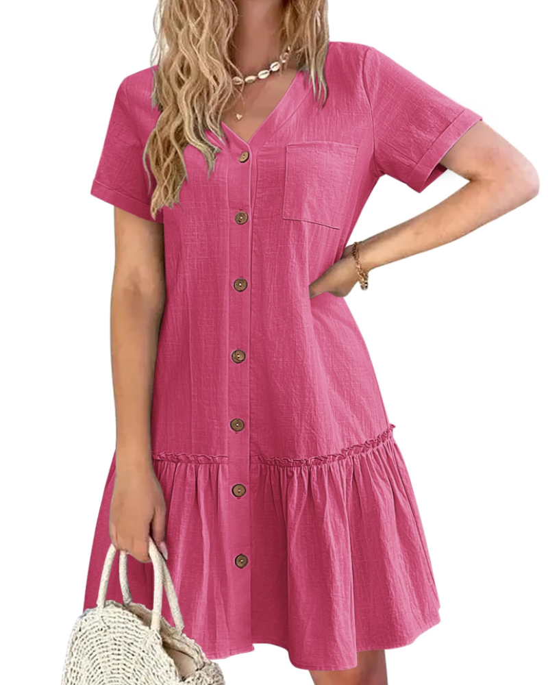 Daisy Women’s Linen Dress – V-Neck Button Down Summer Dress with Pocket