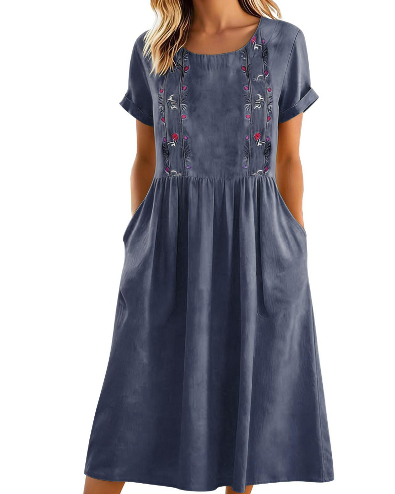 Eliana Women’s Embroidered Midi Dress – Cotton Linen A-Line Dress with Pockets