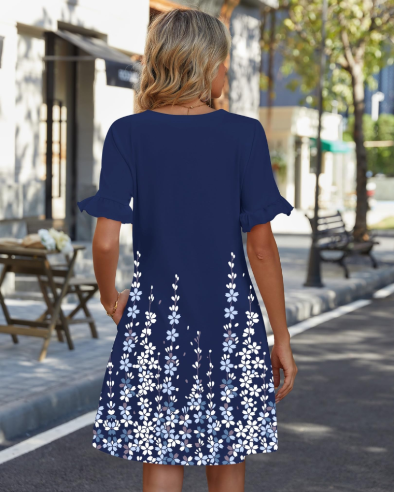 Freya Women’s A-Line Summer Dress – V-Neck Ruffle Sleeve Tunic Dress with Pockets