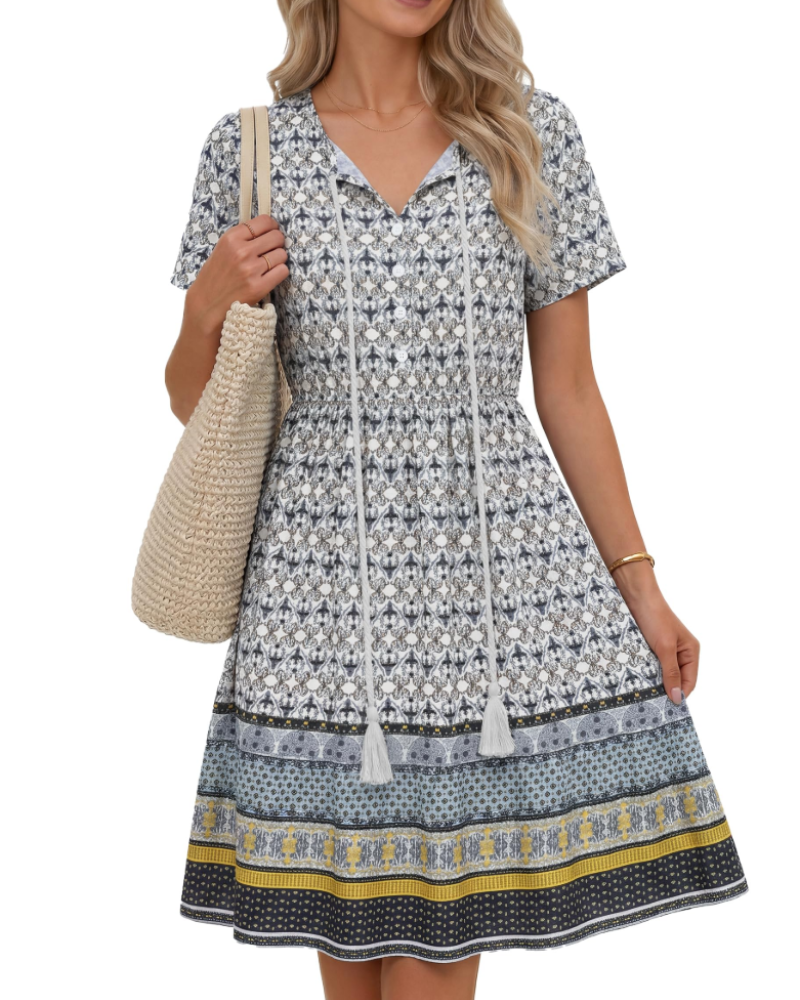 Lillian Women’s Boho Midi Dress – V-Neck Tassel Short Sleeve A-Line Dress