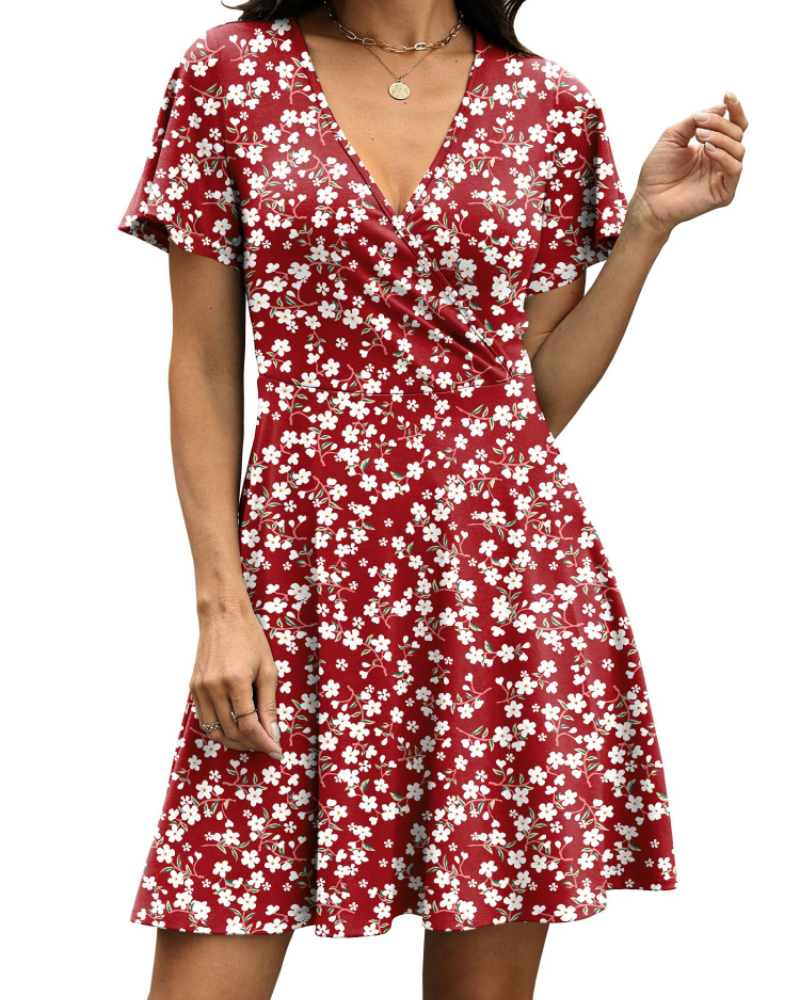 Isabelle Women’s Wrap V-Neck Dress – Ruffle Sleeve A-Line Summer Dress
