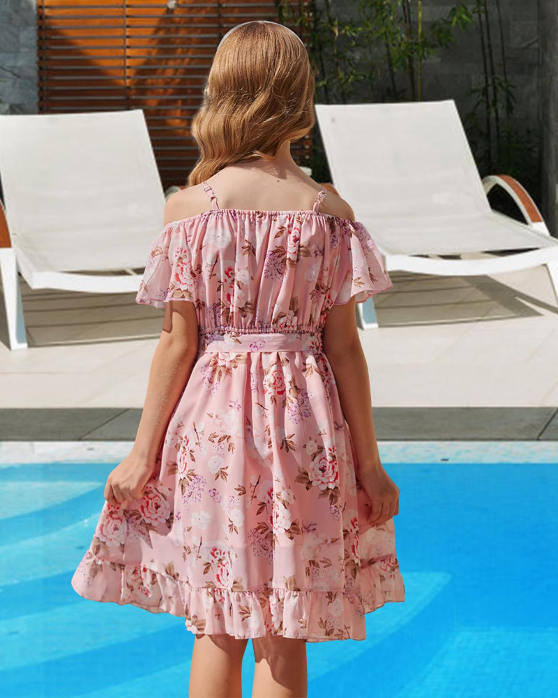 Ivy Girls' Floral Chiffon Dress – Adjustable Strap Knee-Length Dress with Waist Tie