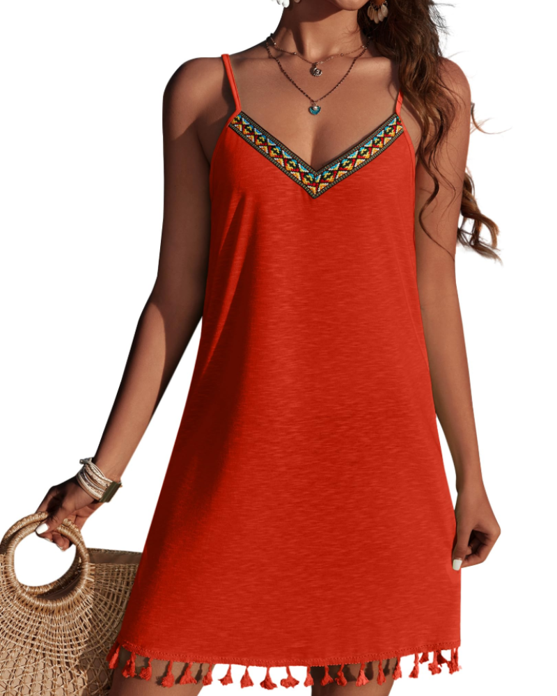 Victoria Women’s Embroidered Beach Dress – V-Neck Spaghetti Strap Cover-Up