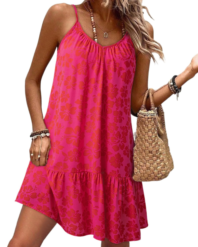 Daphne Women’s Floral Mini Dress – V-Neck Spaghetti Strap Ruffle Hem Sundress