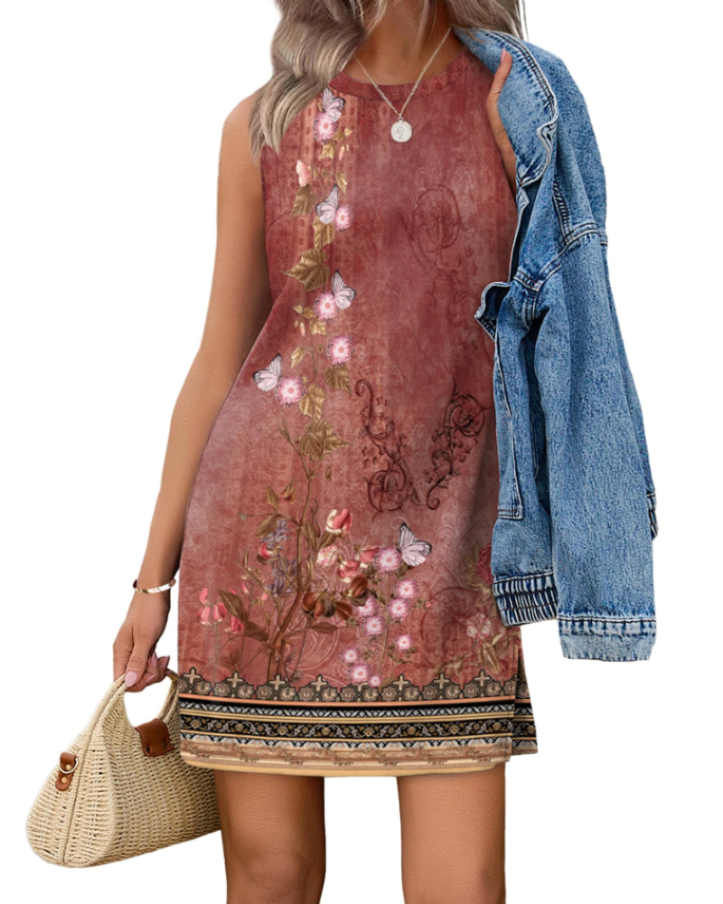Natalie Women’s Boho Dress – Crew Neck A-Line Knee Length Casual Swing Dress