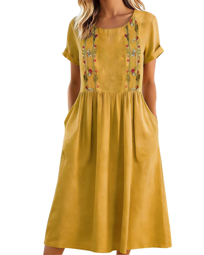 Eliana Women’s Embroidered Midi Dress – Cotton Linen A-Line Dress with Pockets