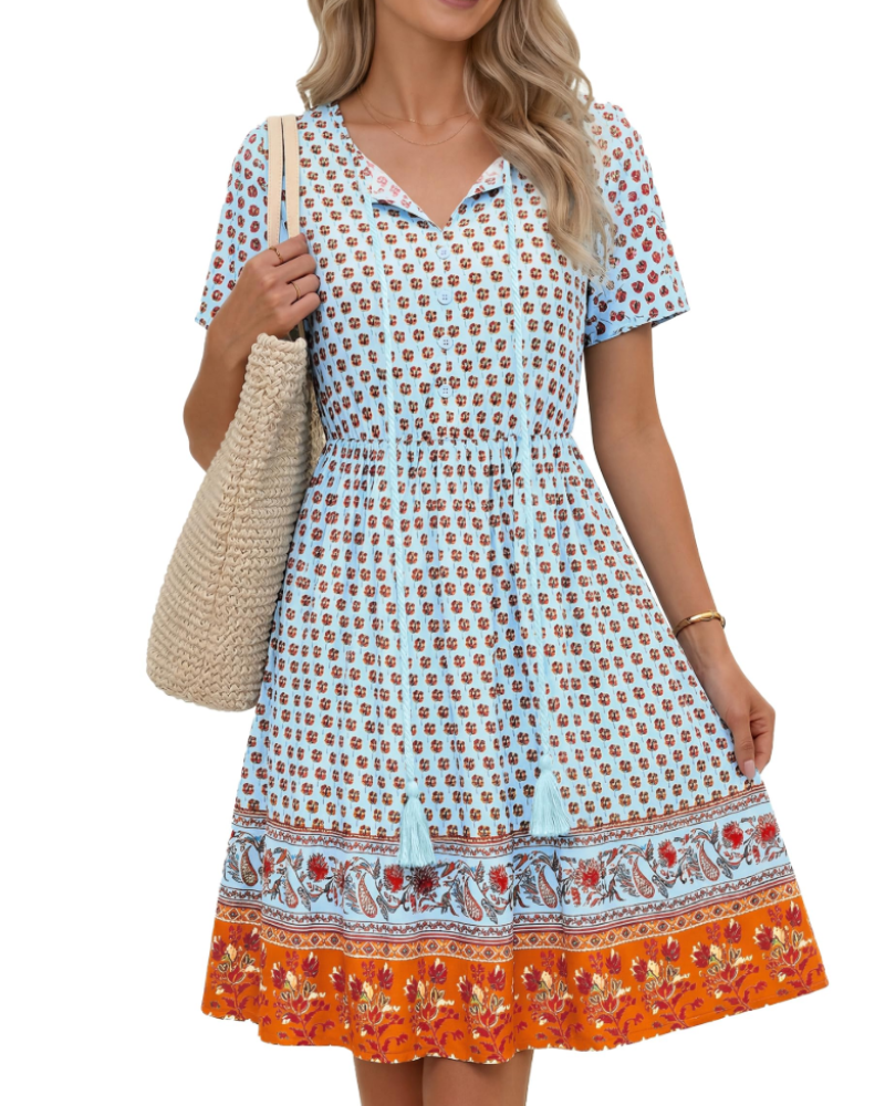 Lillian Women’s Boho Midi Dress – V-Neck Tassel Short Sleeve A-Line Dress