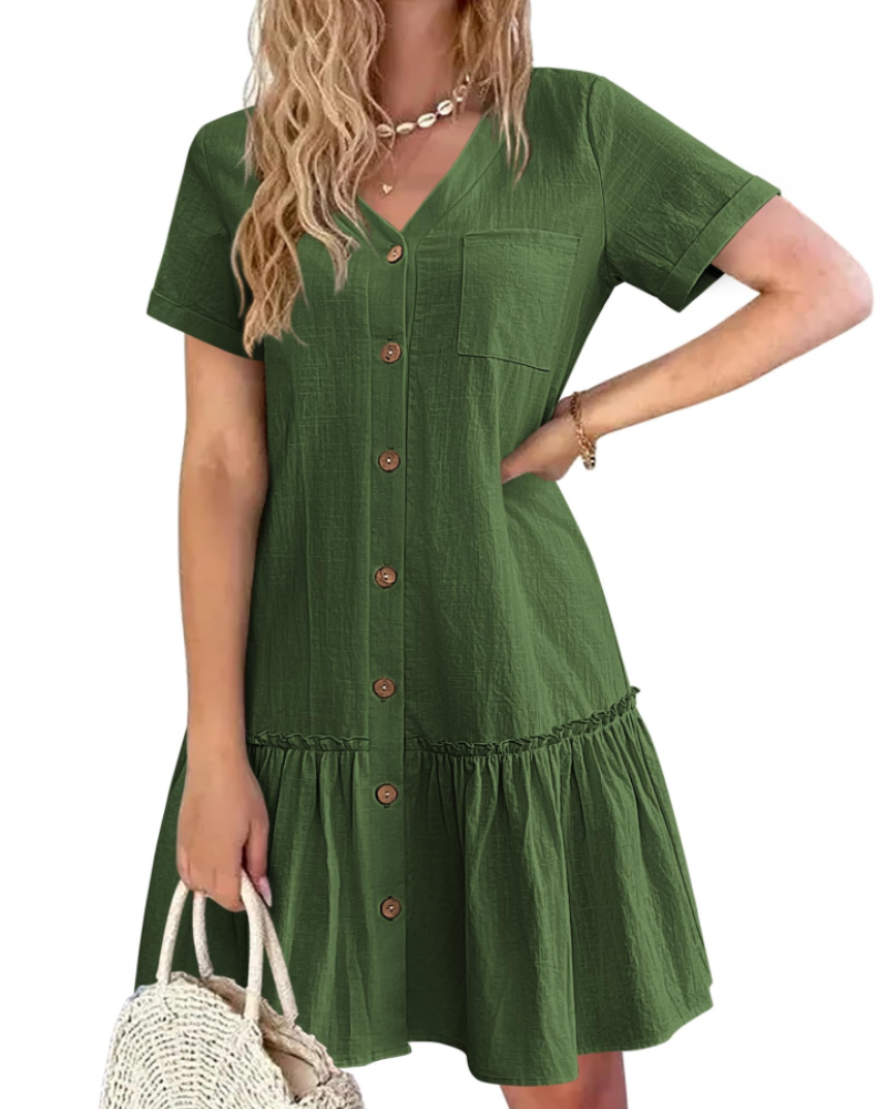 Daisy Women’s Linen Dress – V-Neck Button Down Summer Dress with Pocket