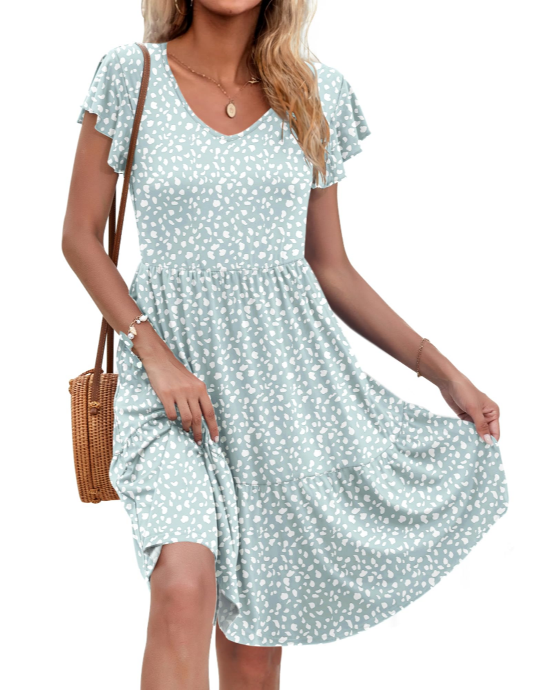 Mila Women’s V-Neck A-Line Dress – Ruffle Sleeve Fit & Flare Dress with Pockets