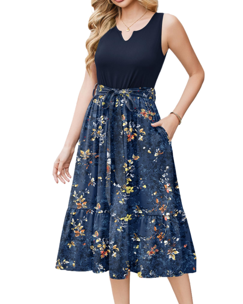 Amelia Women’s Sleeveless Midi Dress – V-Neck Belted Sundress with Pockets