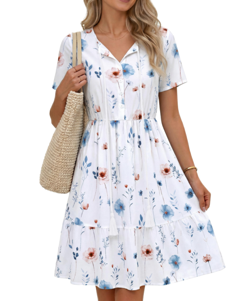 Lillian Women’s Boho Midi Dress – V-Neck Tassel Short Sleeve A-Line Dress