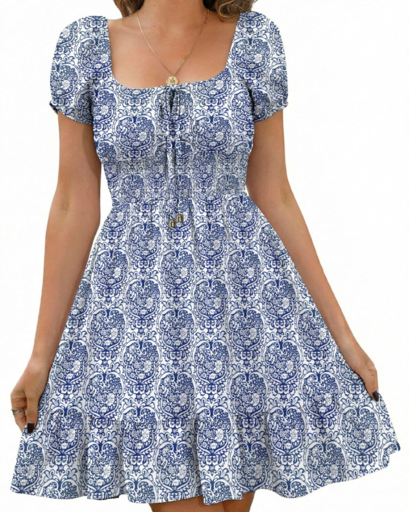 Natalie Women’s Floral Mini Dress – Puff Sleeve Open Back Summer Beach Dress