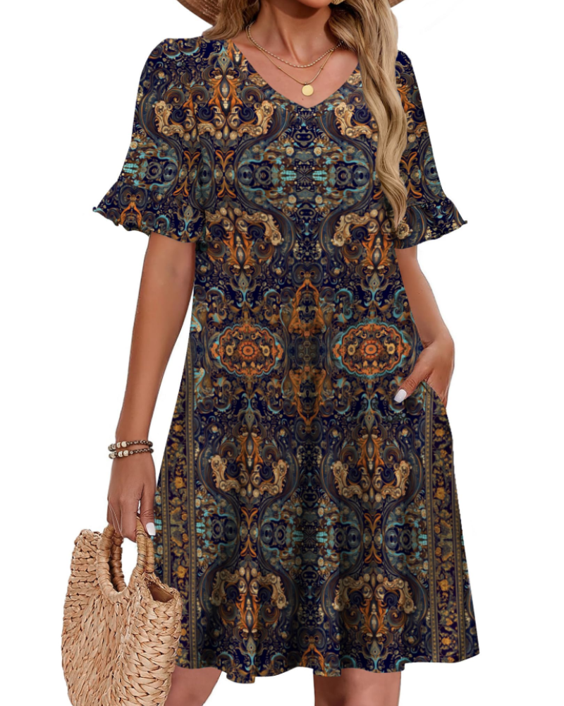 Freya Women’s A-Line Summer Dress – V-Neck Ruffle Sleeve Tunic Dress with Pockets